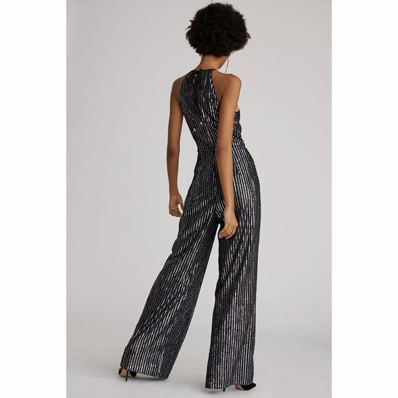 Anthropologie Maeve Disco Sequin Halter Wide Leg Black Jumpsuit - Picture 2 of 8